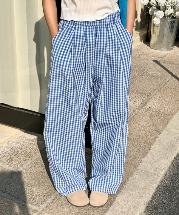 ギンガムチェックタックバレルレッグパンツ | EV2255019 | ブルー
