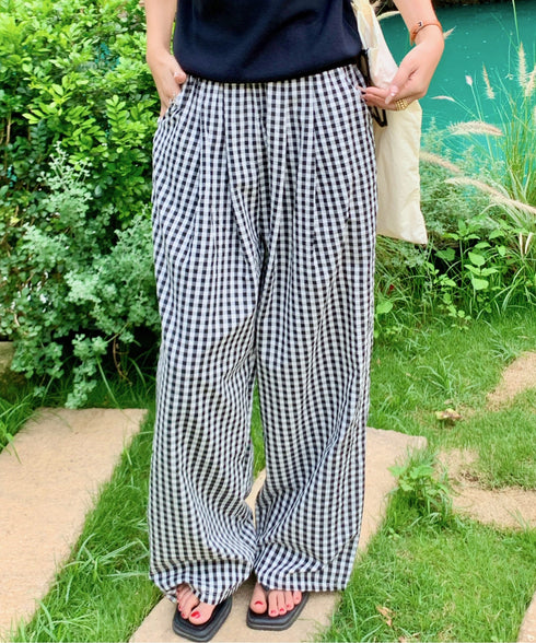 ギンガムチェックタックバレルレッグパンツ | EV2255019 | ブラック