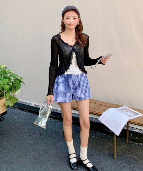 レーストリムVネックサマーニットカーディガン | EV2251014 | ブラック