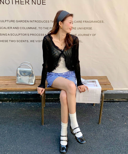 レーストリムVネックサマーニットカーディガン | EV2251014 | ブラック