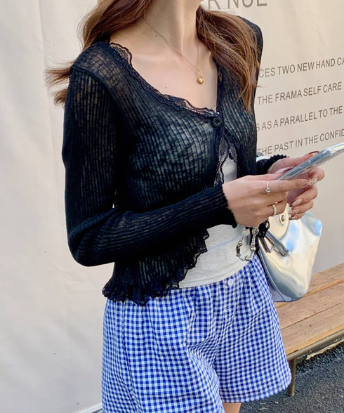 レーストリムVネックサマーニットカーディガン | EV2251014 | ブラック