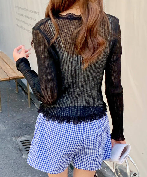 レーストリムVネックサマーニットカーディガン | EV2251014 | ブラック