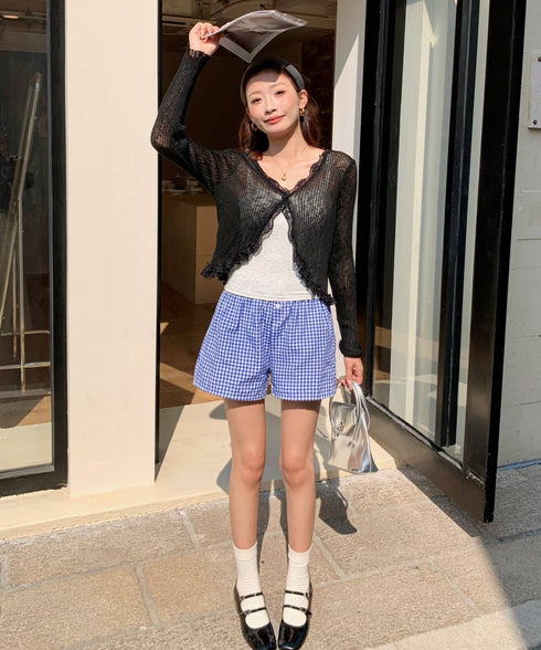 レーストリムVネックサマーニットカーディガン | EV2251014 | ブラック