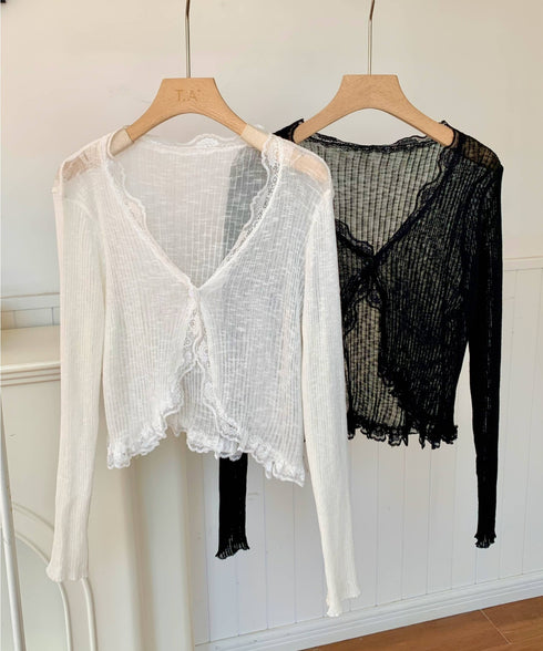 レーストリムVネックサマーニットカーディガン | EV2251014 | ブラック