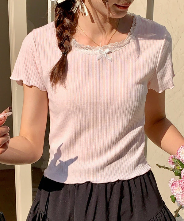 レーストリムリブショートTシャツ | EV2252005 | ピンク