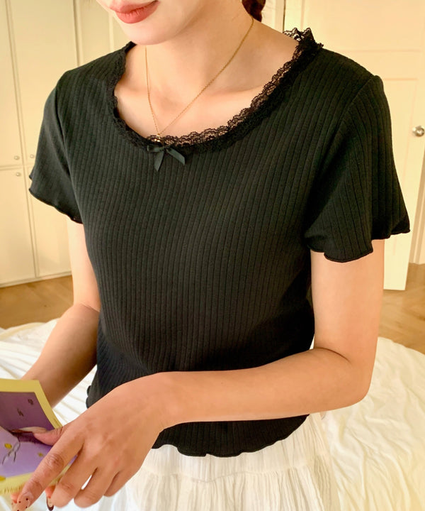 レーストリムリブショートTシャツ | EV2252005 | ブラック