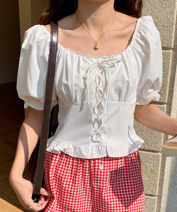 2WAYレースアップパフスリーブ半袖ブラウス | EV2252008 | ホワイト