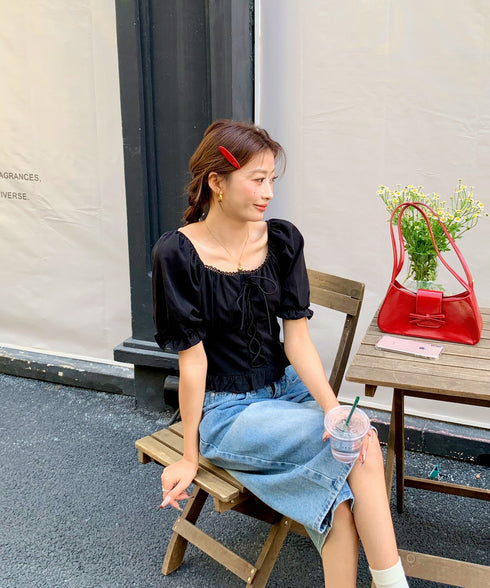 2WAYレースアップパフスリーブ半袖ブラウス | EV2252008 | ブラック