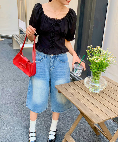 2WAYレースアップパフスリーブ半袖ブラウス | EV2252008 | ブラック