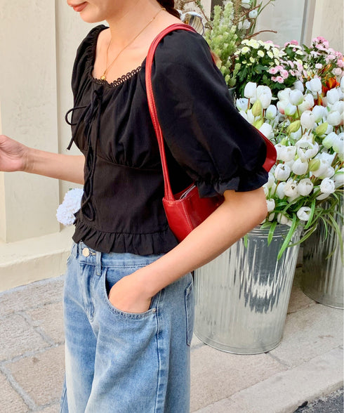 2WAYレースアップパフスリーブ半袖ブラウス | EV2252008 | ブラック