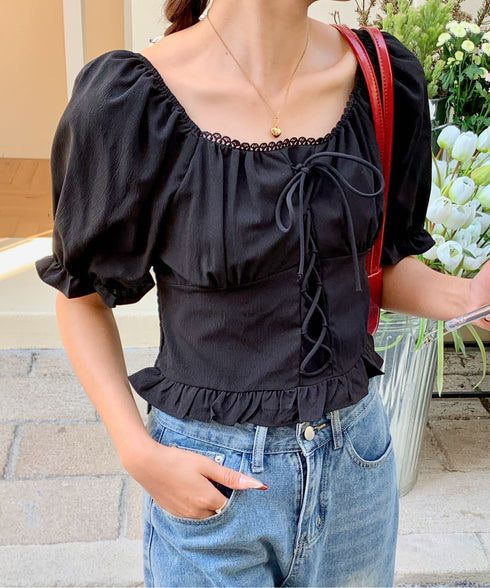 2WAYレースアップパフスリーブ半袖ブラウス | EV2252008 | ブラック