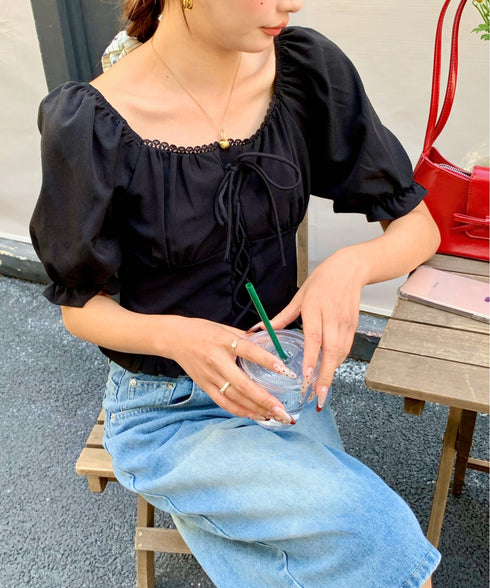 2WAYレースアップパフスリーブ半袖ブラウス | EV2252008 | ブラック