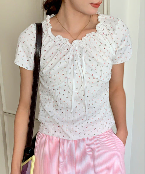 2WAY小花柄シャーリング半袖ブラウス | EV2252011 | ホワイト