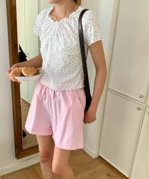 2WAY小花柄シャーリング半袖ブラウス | EV2252011 | ホワイト