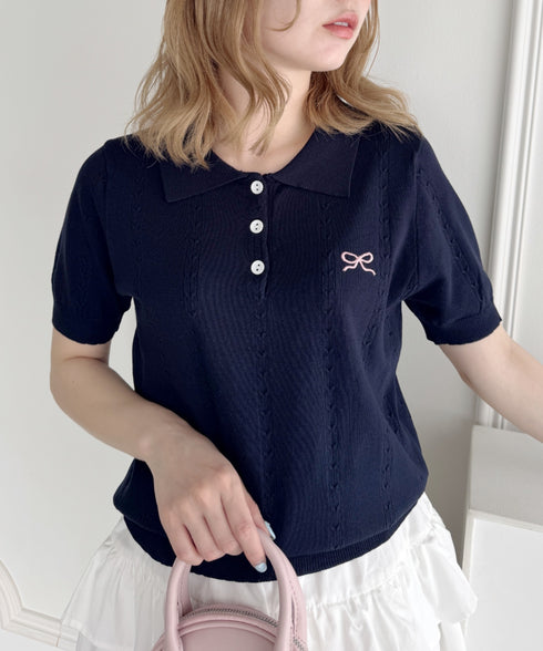 リボン刺繍ポロシャツ | LO2252011 | ネイビー
