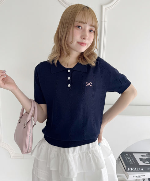 リボン刺繍ポロシャツ | LO2252011 | ネイビー
