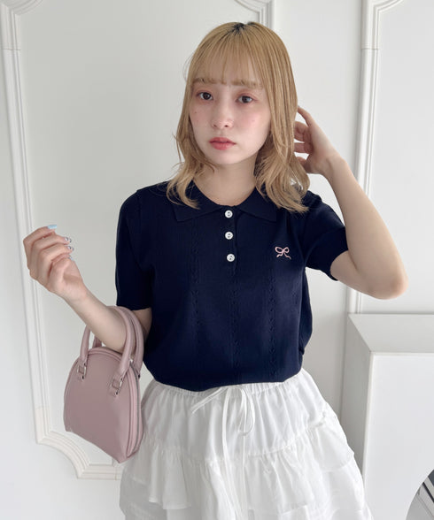 リボン刺繍ポロシャツ | LO2252011 | ネイビー