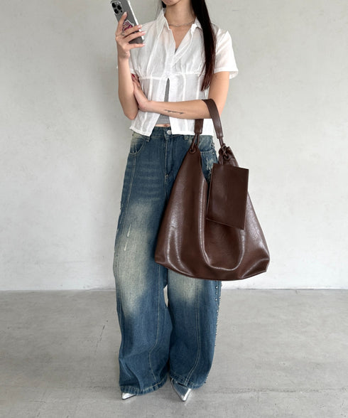 ポーチ付きワンハンドルPUトートバッグ | BA1255020 | ダークブラウン