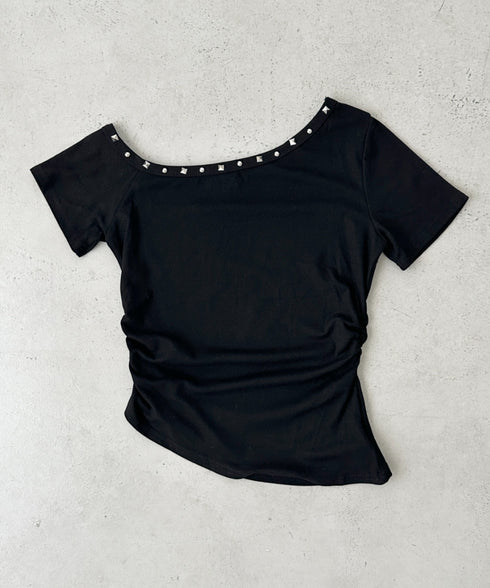 ワンショルダースタッズギャザートップス | BA2252009 | ブラック