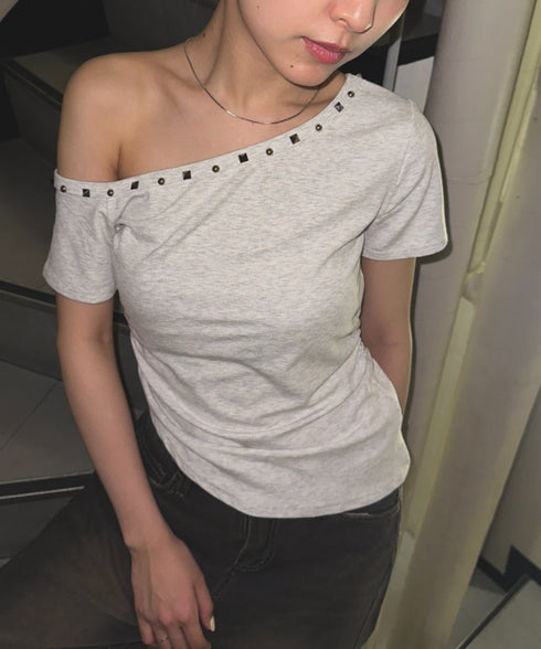 ワンショルダースタッズギャザートップス | BA2252009 | グレー