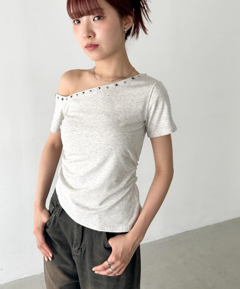 ワンショルダースタッズギャザートップス | BA2252009 | グレー