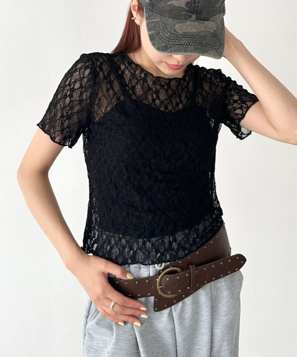 総レースシアー半袖トップス | BA2252010 | ブラック
