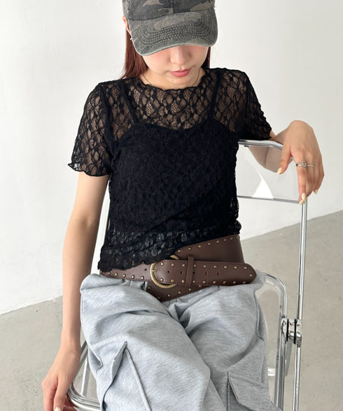 総レースシアー半袖トップス | BA2252010 | ブラック