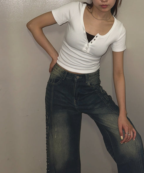 スナップボタンヘンリーネックコンパクトトップス | BA2252011 | ホワイト