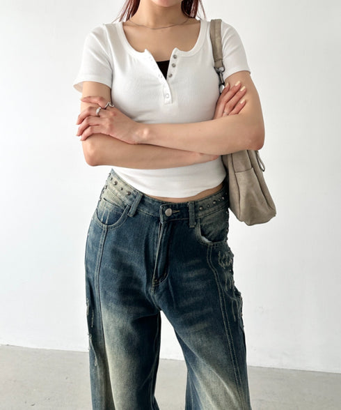 スナップボタンヘンリーネックコンパクトトップス | BA2252011 | ホワイト