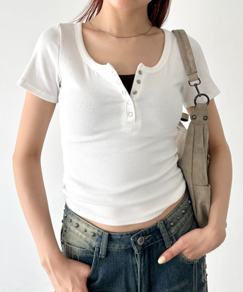 スナップボタンヘンリーネックコンパクトトップス | BA2252011 | ホワイト