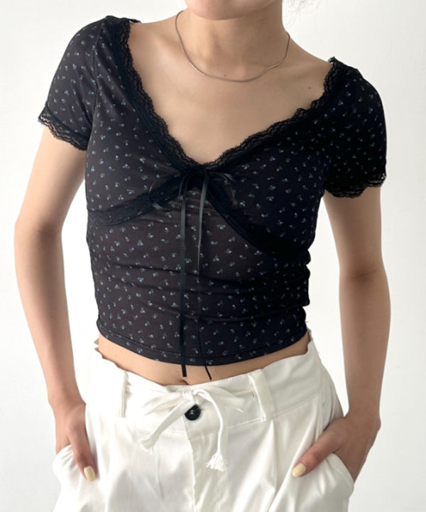 カップ付き小花柄レーストップス | BA2252013 | ブラック