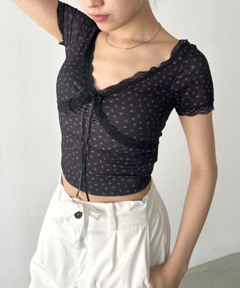 カップ付き小花柄レーストップス | BA2252013 | ブラック