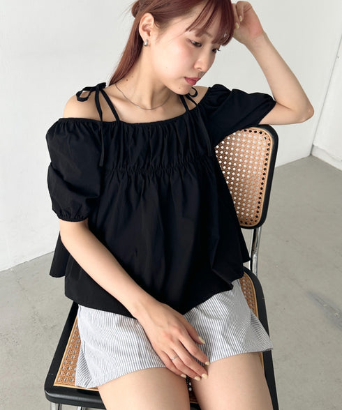 肩リボンギャザーオフショルブラウス | BA2252015 | ブラック