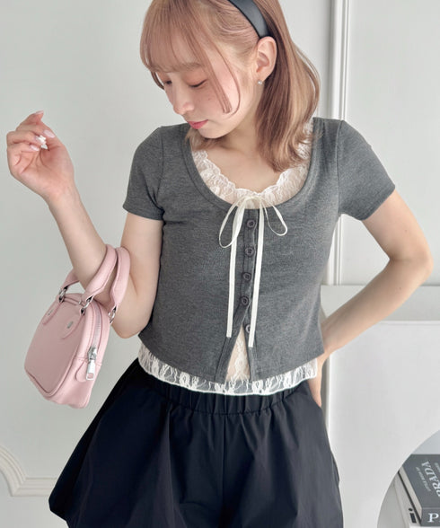 レースリボンレイヤードトップス | LO2252025 | グレー
