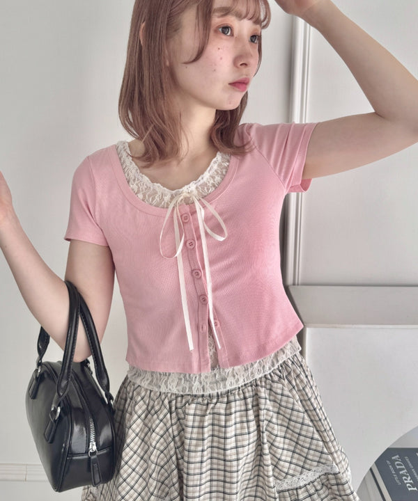レースリボンレイヤードトップス | LO2252025 | ピンク