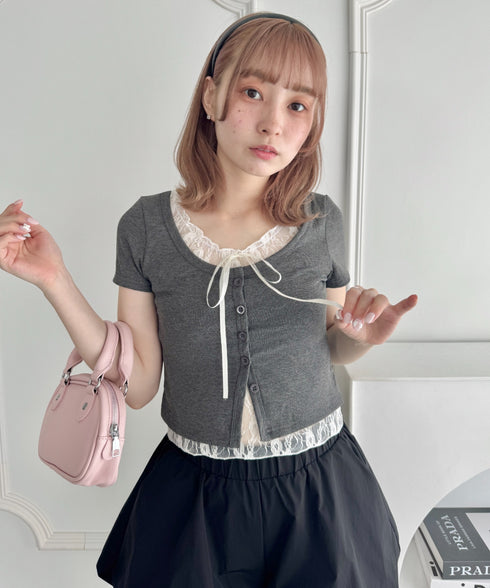 レースリボンレイヤードトップス | LO2252025 | グレー