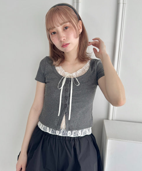 レースリボンレイヤードトップス | LO2252025 | グレー