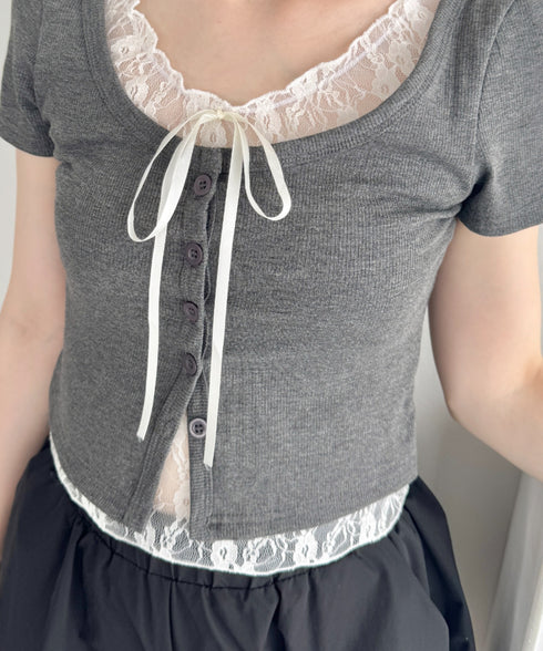 レースリボンレイヤードトップス | LO2252025 | グレー