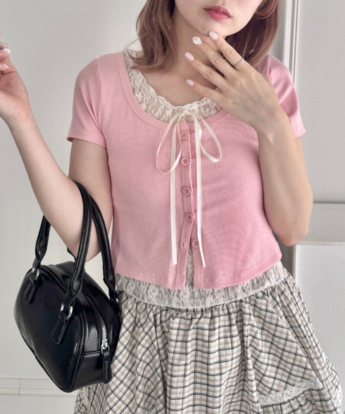 レースリボンレイヤードトップス | LO2252025 | ピンク
