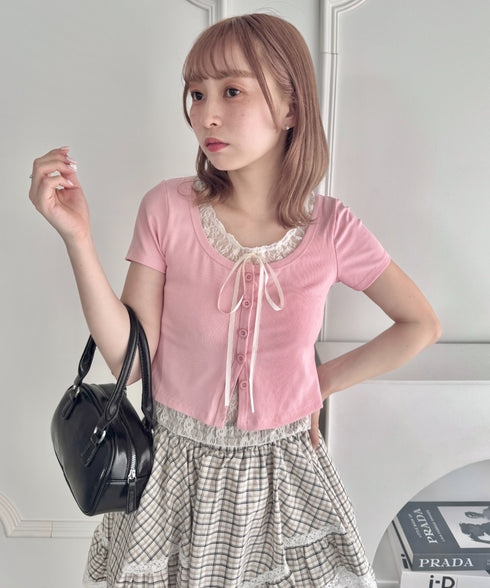 レースリボンレイヤードトップス | LO2252025 | ピンク