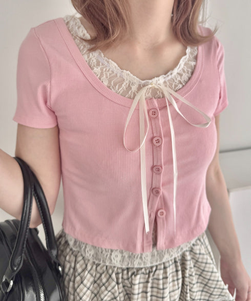 レースリボンレイヤードトップス | LO2252025 | ピンク