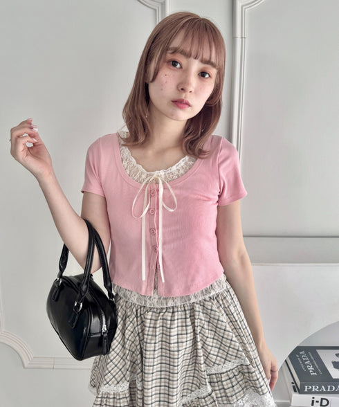 レースリボンレイヤードトップス | LO2252025 | ピンク