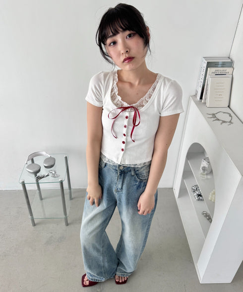 レースリボンレイヤードトップス | LO2252025 | ホワイト