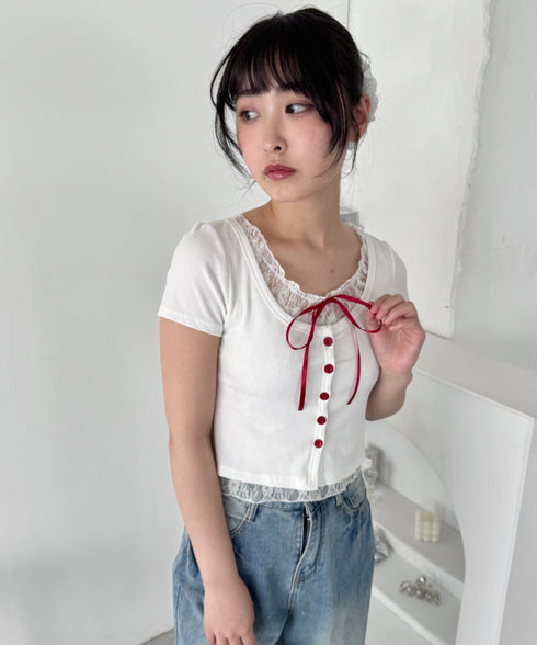 レースリボンレイヤードトップス | LO2252025 | ホワイト