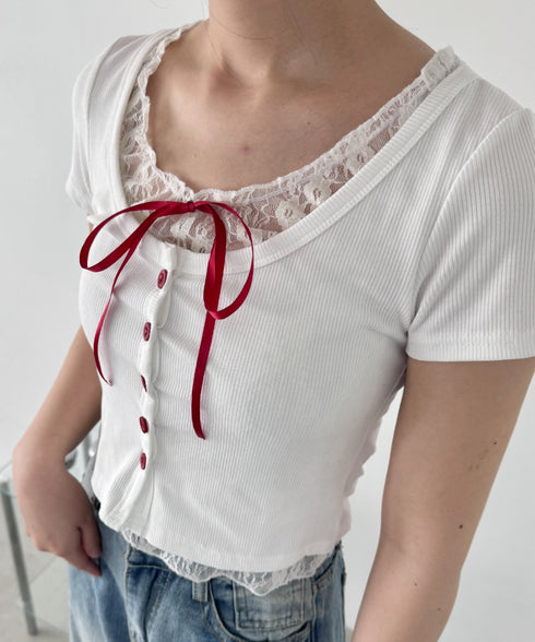 レースリボンレイヤードトップス | LO2252025 | ホワイト