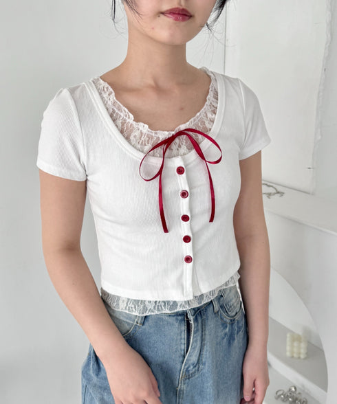 レースリボンレイヤードトップス | LO2252025 | ホワイト