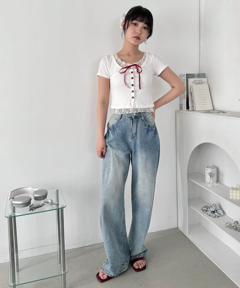 レースリボンレイヤードトップス | LO2252025 | ホワイト