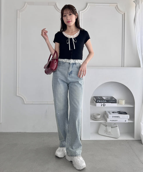 レースリボンレイヤードトップス | LO2252025 | ブラック