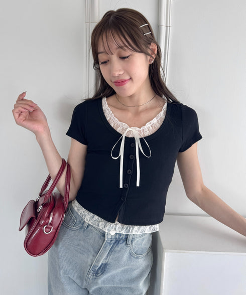 レースリボンレイヤードトップス | LO2252025 | ブラック