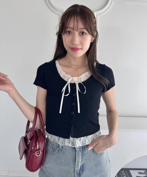 レースリボンレイヤードトップス | LO2252025 | ブラック